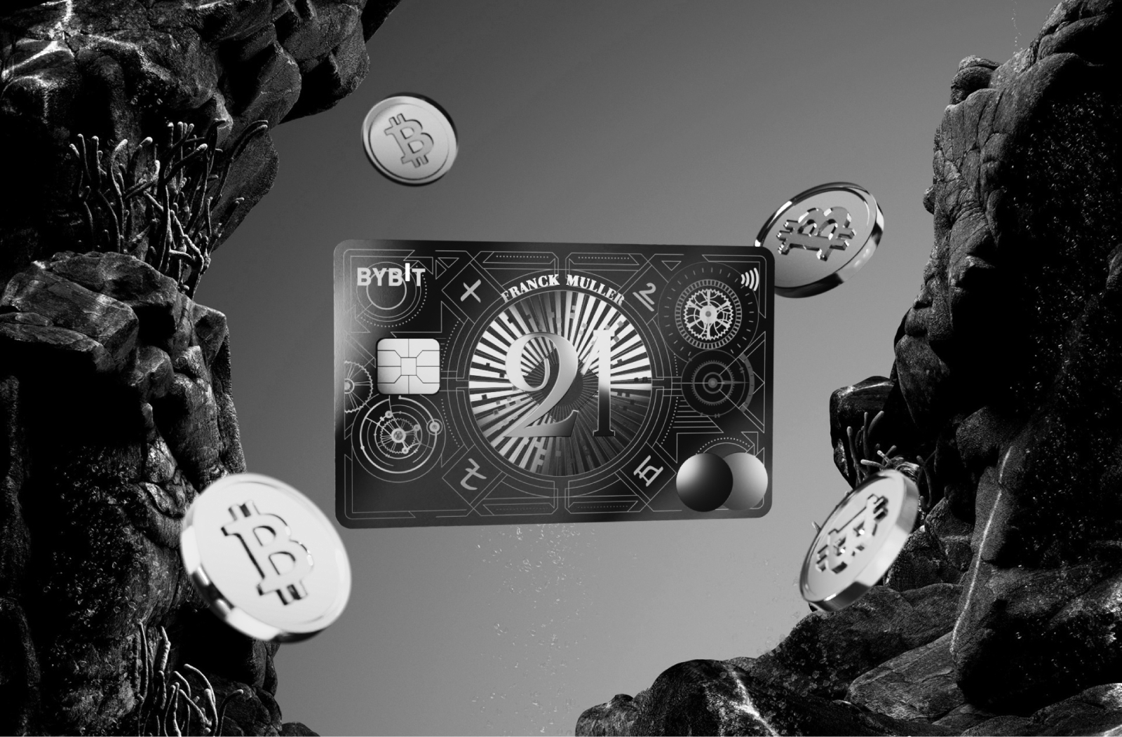 The image of 3d franck muller card with floating 3d bitcoins designed by Wings