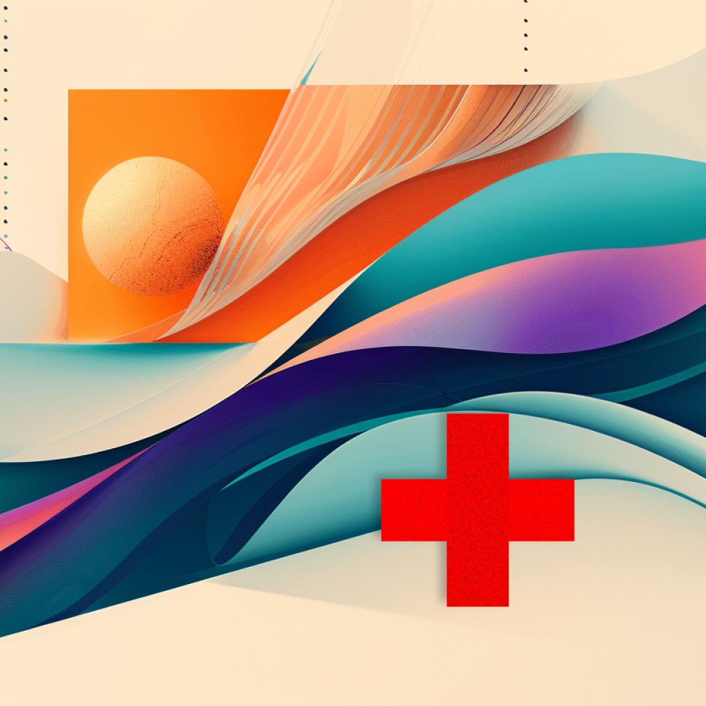 The image of red hospital cross with the illustration backdrop designed by Wings