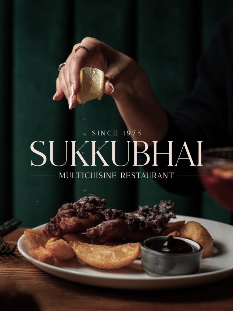 The image of sukkubhai branding that says 'since 1975 Sukkubhai multi cuisine restaurant' designed by Wings.