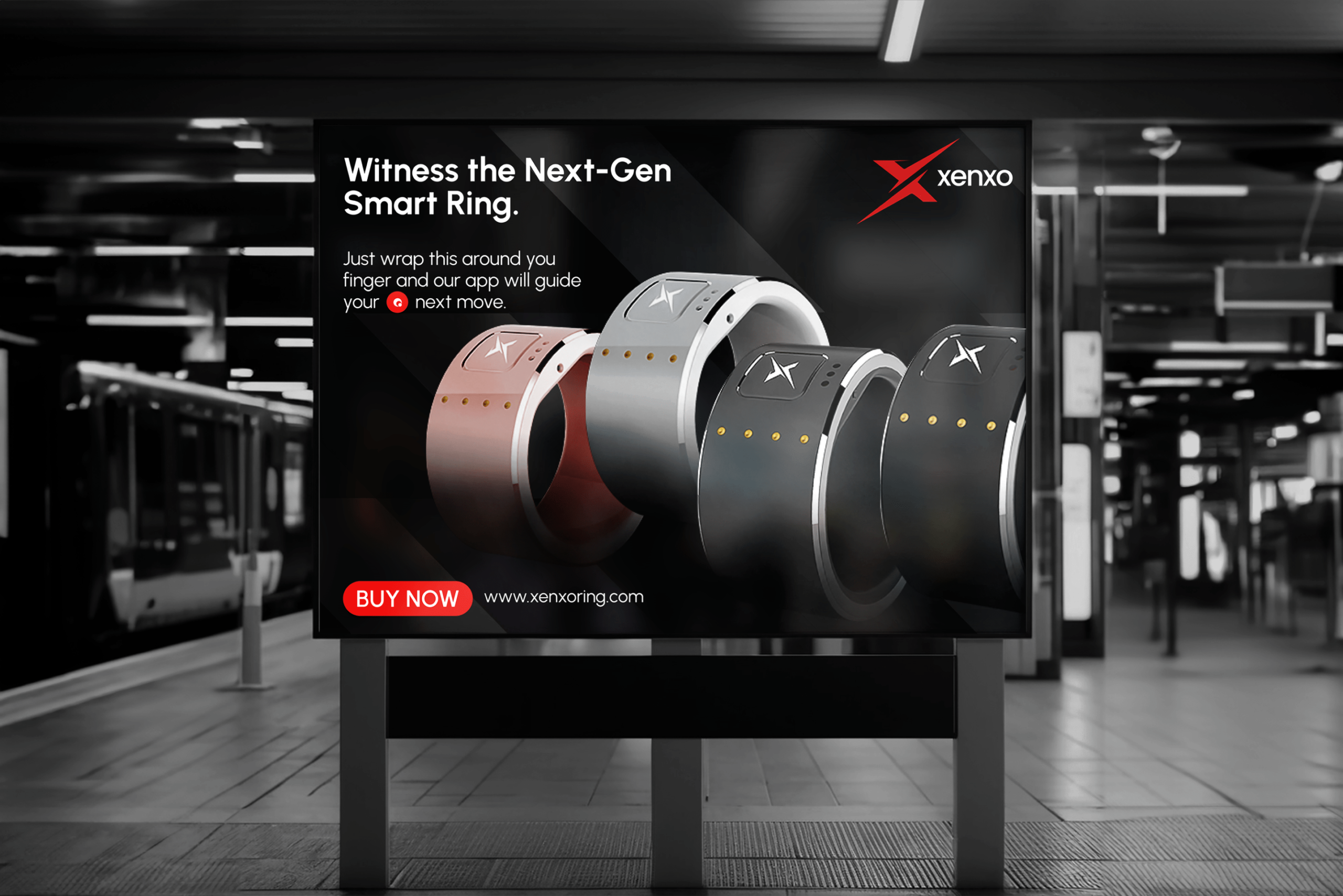 The image of xenxo smart wearable mockup in signage designed by Wings